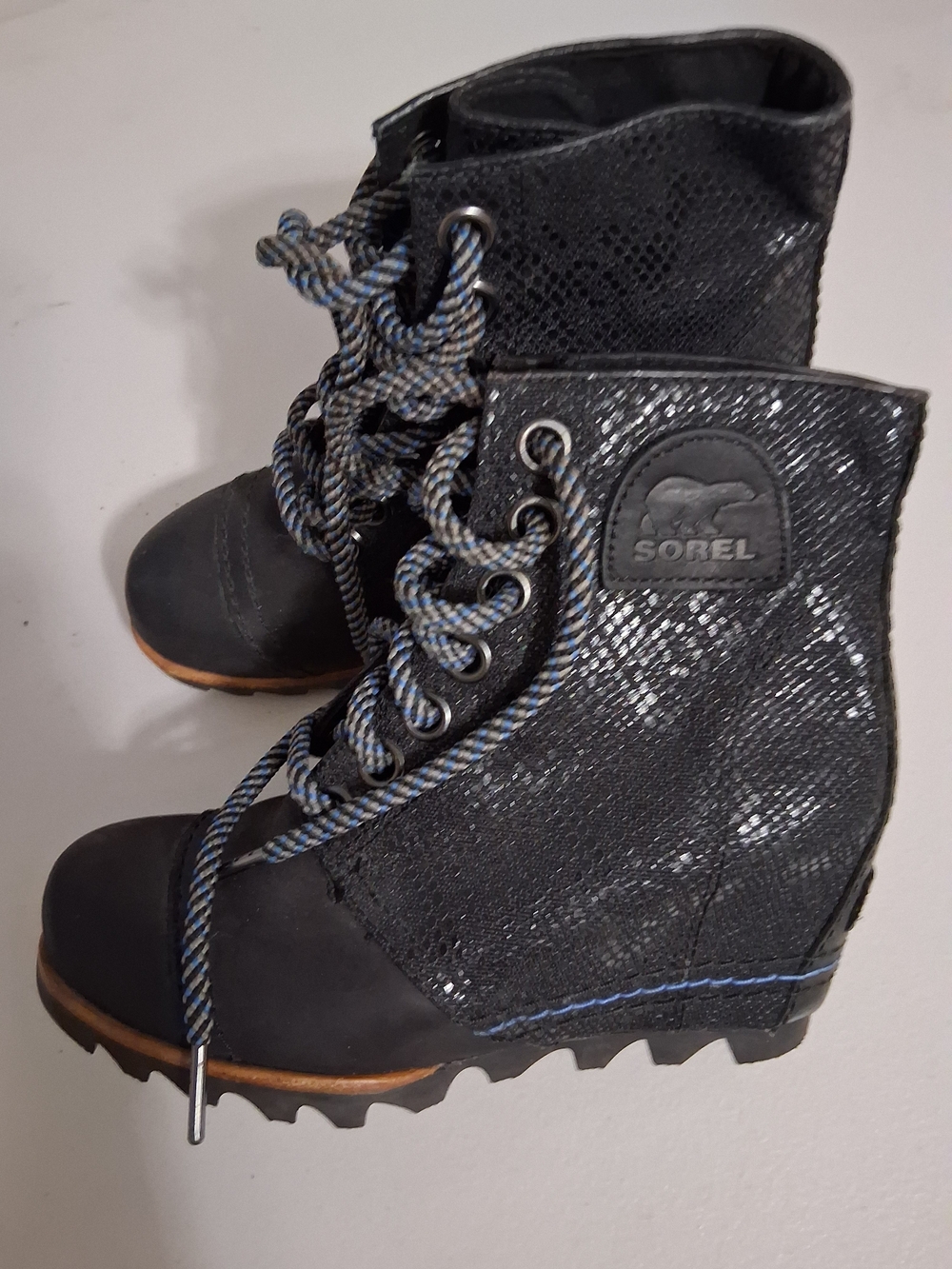 Sorel Black Lace-Up Wedge Ankle Boots with Blue Trim